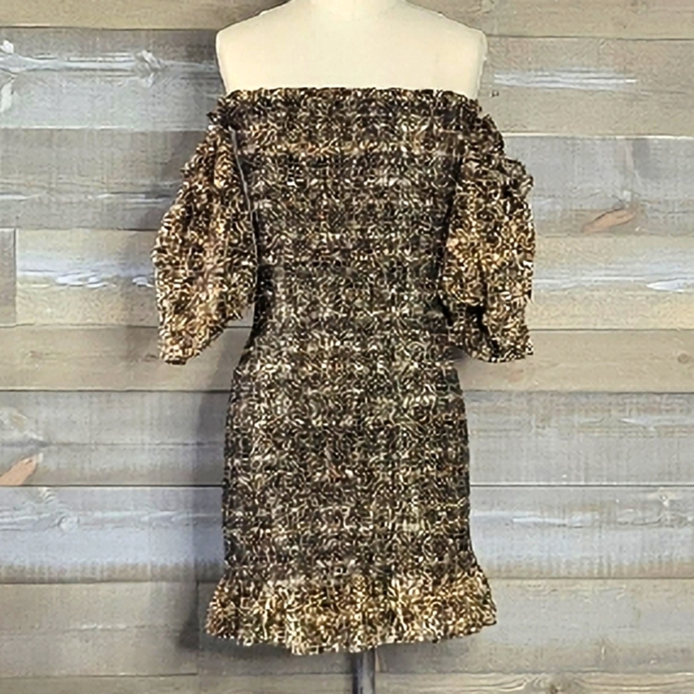 NWOT Topshop Off Shoulder Bodycon Ruffle Animal Print Balloon Sleeve Min…